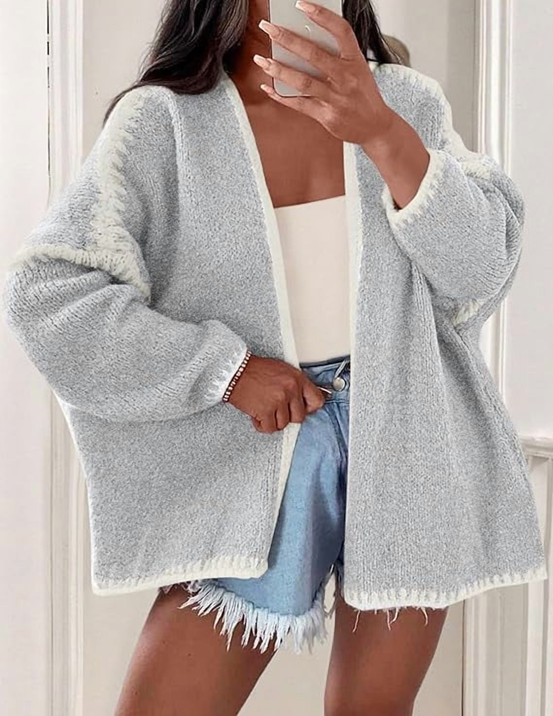 Womens Oversized Cardigan Sweaters Fall Long Lantern Sleeve Knit Open Front Lightweight Sweater