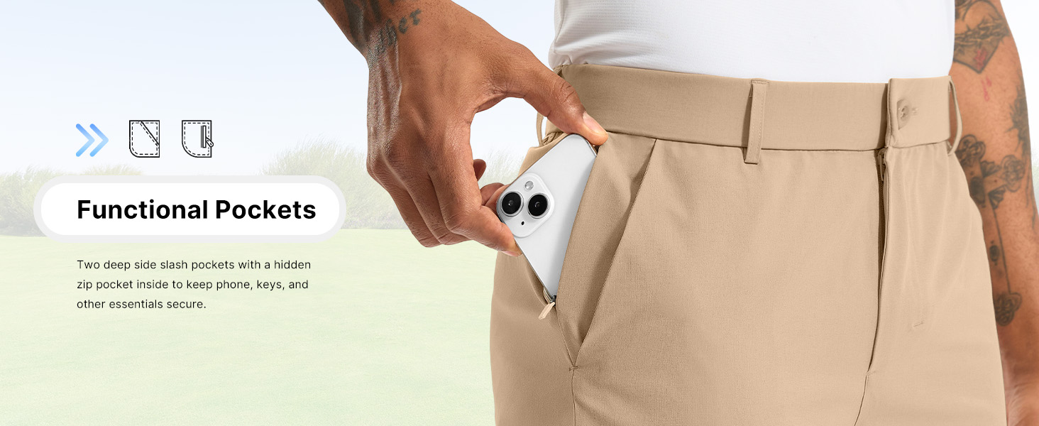Mens Golf Pants with Zipper Pockets Relaxed Fit Stretch Work Dress Pants