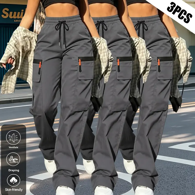 Women's Cargo Pants — Loose Fit Utility Pants with Zipper Pockets