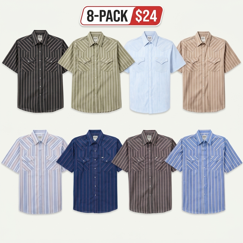 Men's Western Stripe Snap Shirt – Short Sleeve Casual Work Shirt with Pocket