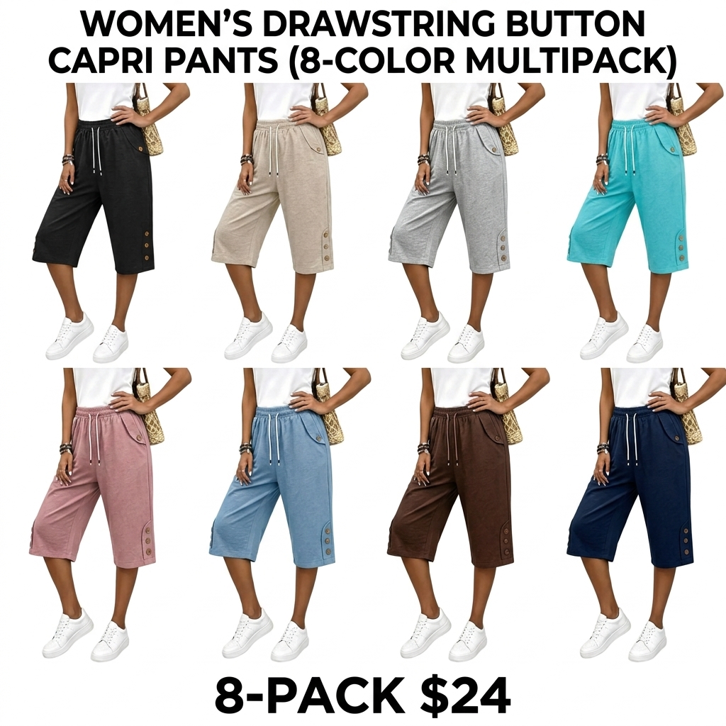 Women's Casual Straight Leg Button Pants – Comfy Elastic Waist Work Trousers