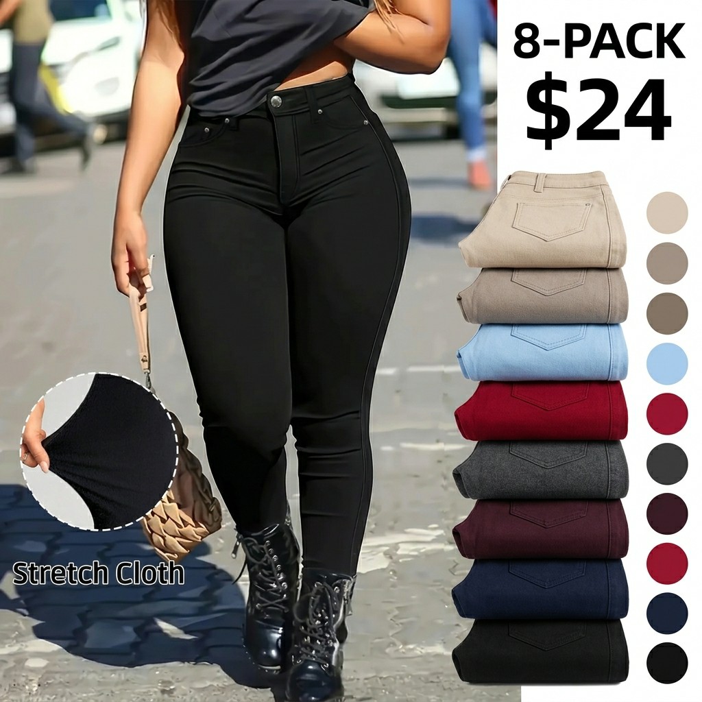 Women's High Stretch Button-Fly Skinny Pants with Pockets