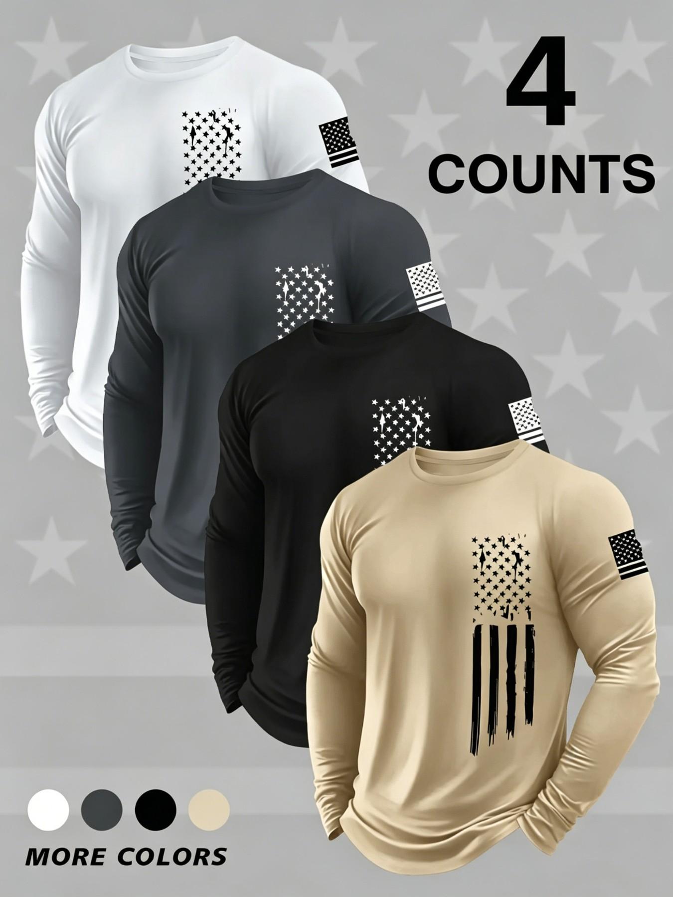 4-Pack Men's Round Neck Long Sleeve Flag Print T-Shirts, Casual Quick Dry Slight Stretch Tops for Gym, Running & Outdoor Activities