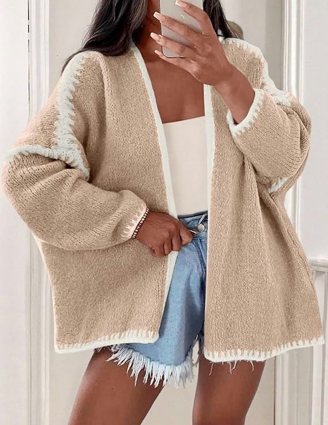 Womens Oversized Cardigan Sweaters Fall Long Lantern Sleeve Knit Open Front Lightweight Sweater