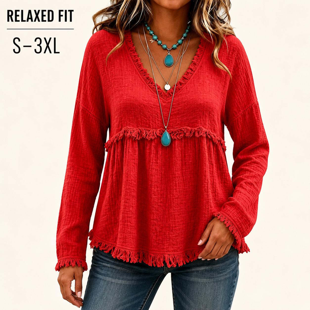 Women&rsquo;s Boho V Neck Long Sleeve Fringe Top, Casual Loose Fit Textured Babydoll Blouse, Flowy Tassel Hem Tunic Shirt, Western Fall Fashion Tops, Plus Size S&ndash;3XL, Tops For Women, Women's Clothes