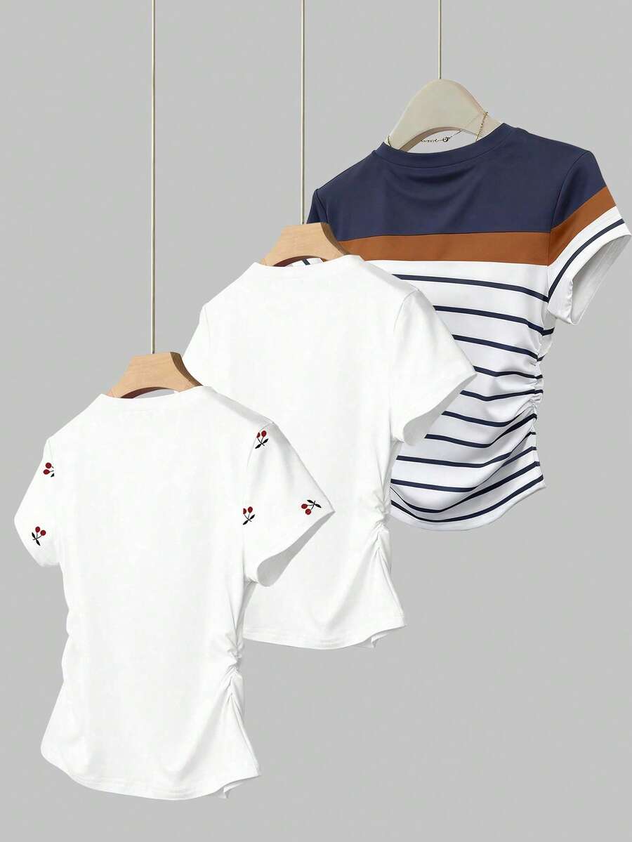 3 Piece Mixed Women's Summer Casual Printed Cute Pleated Short Slim Short-sleeved Round-neck T-shirt, Printed T-shirt, Fashionable Versatile Daily Wear
