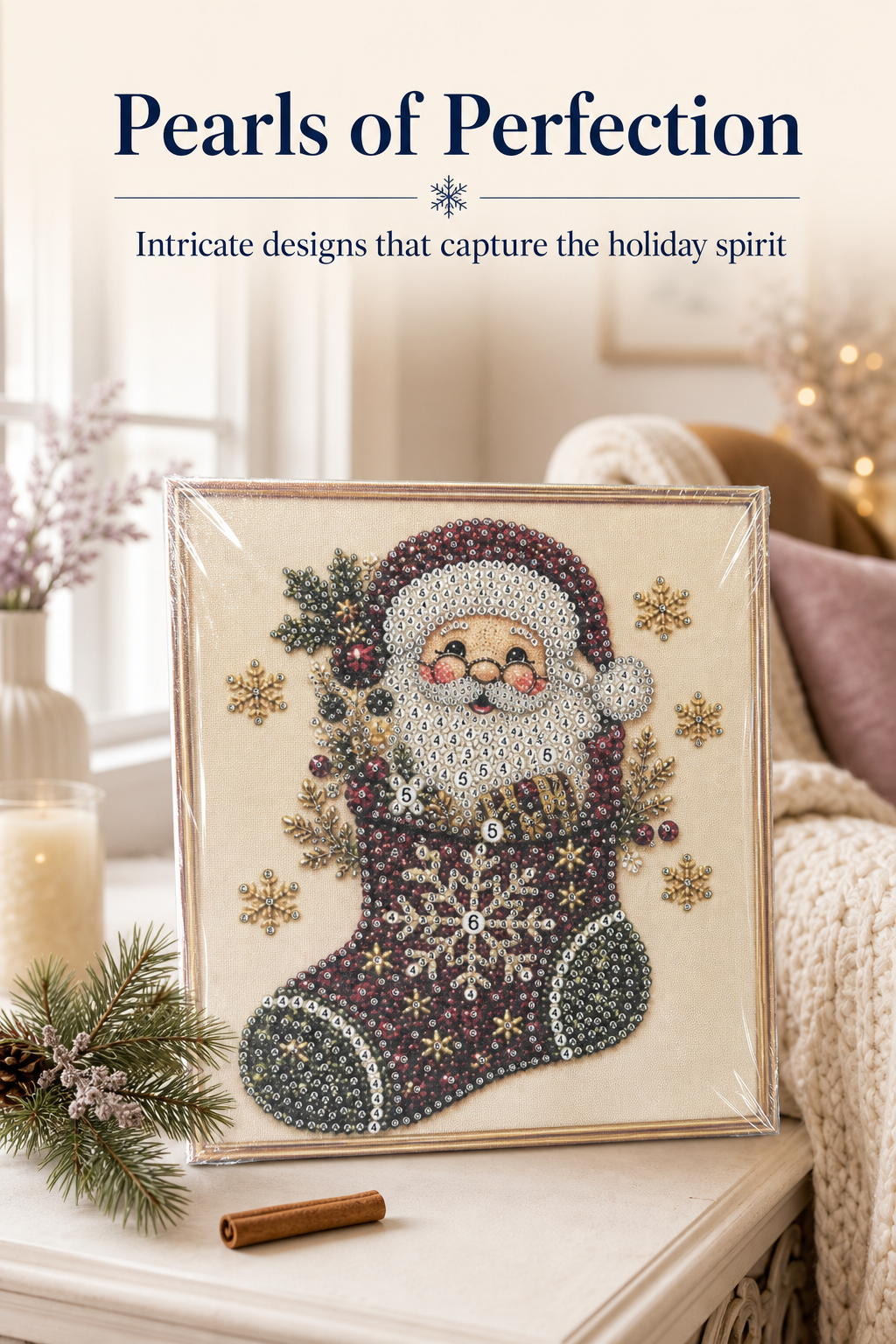 Close-up of sparkling diamond painting Christmas design