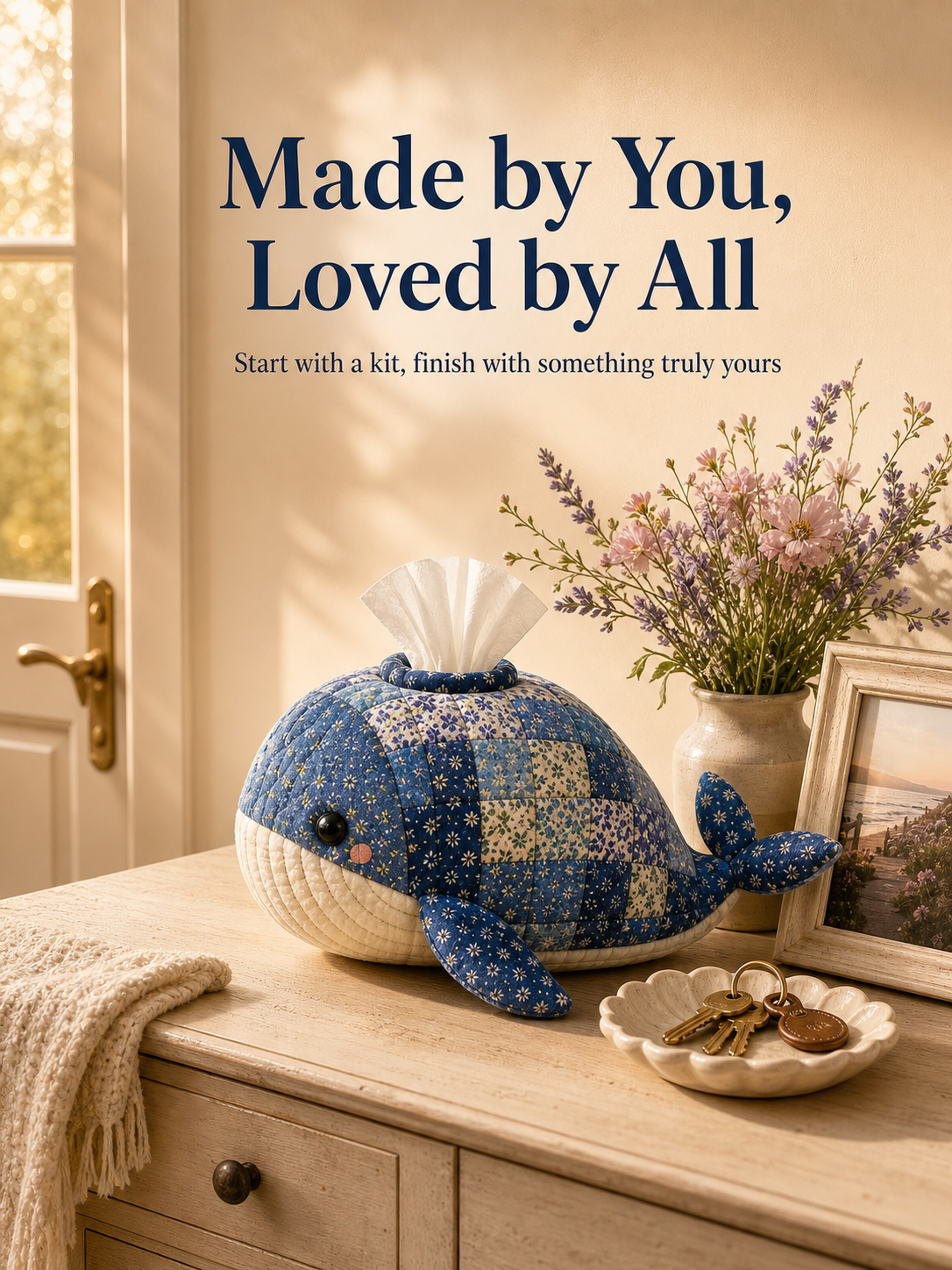 Close-up of patchwork details on animal-shaped tissue box