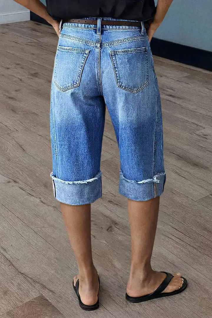 Seam Front Roll Raw Hem Mid Rise Denim Bermuda Shorts