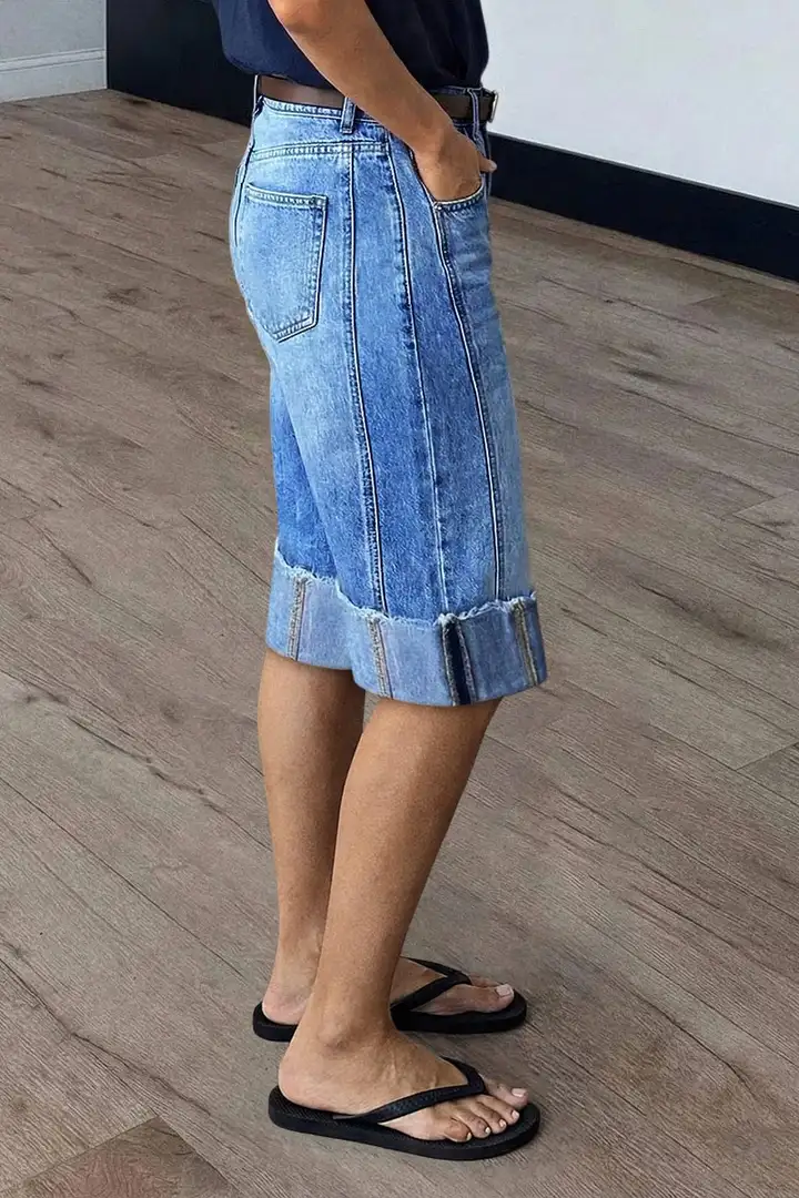 Seam Front Roll Raw Hem Mid Rise Denim Bermuda Shorts