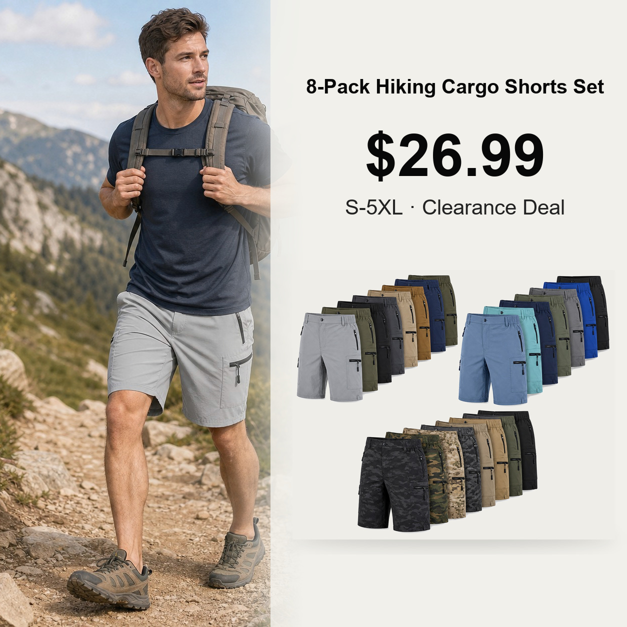 Men's Quick-Dry Hiking Cargo Shorts 8-Pack Mixed Color Set - Multi