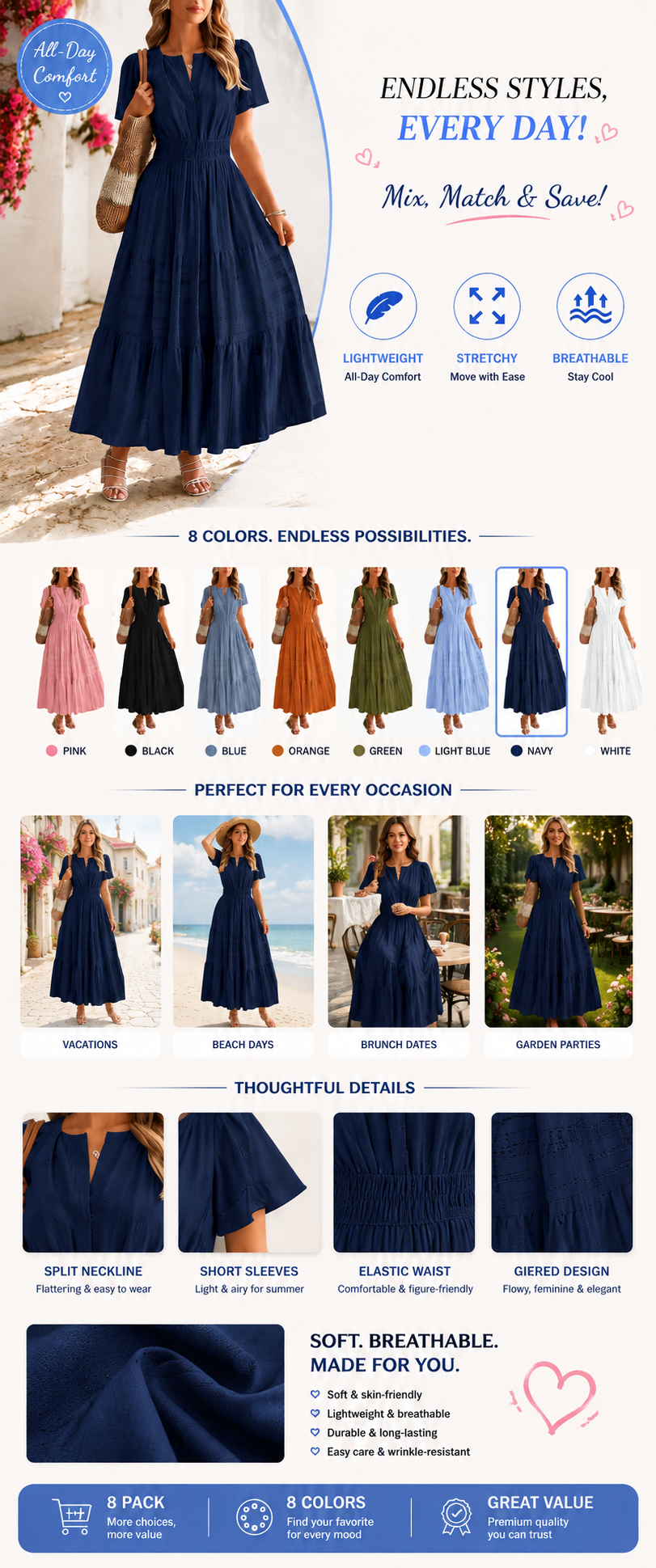 Hot Sale -Womens Summer 2026 Casual Midi Maxi Dresses
