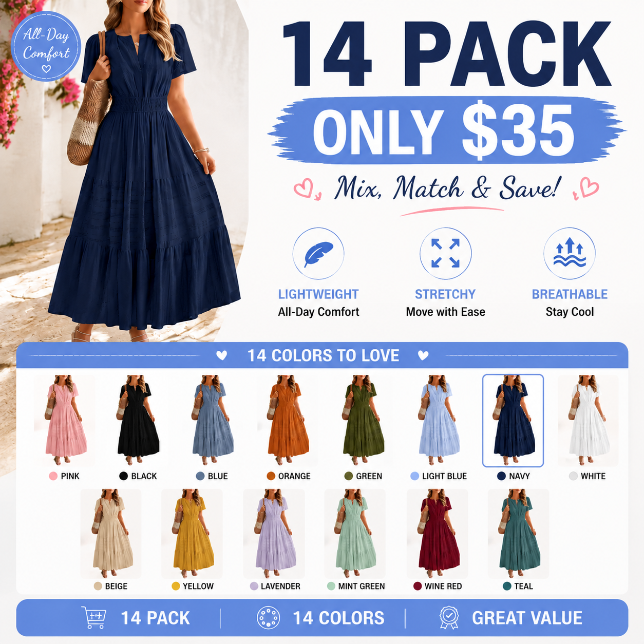 Hot Sale -Womens Summer 2026 Casual Midi Maxi Dresses