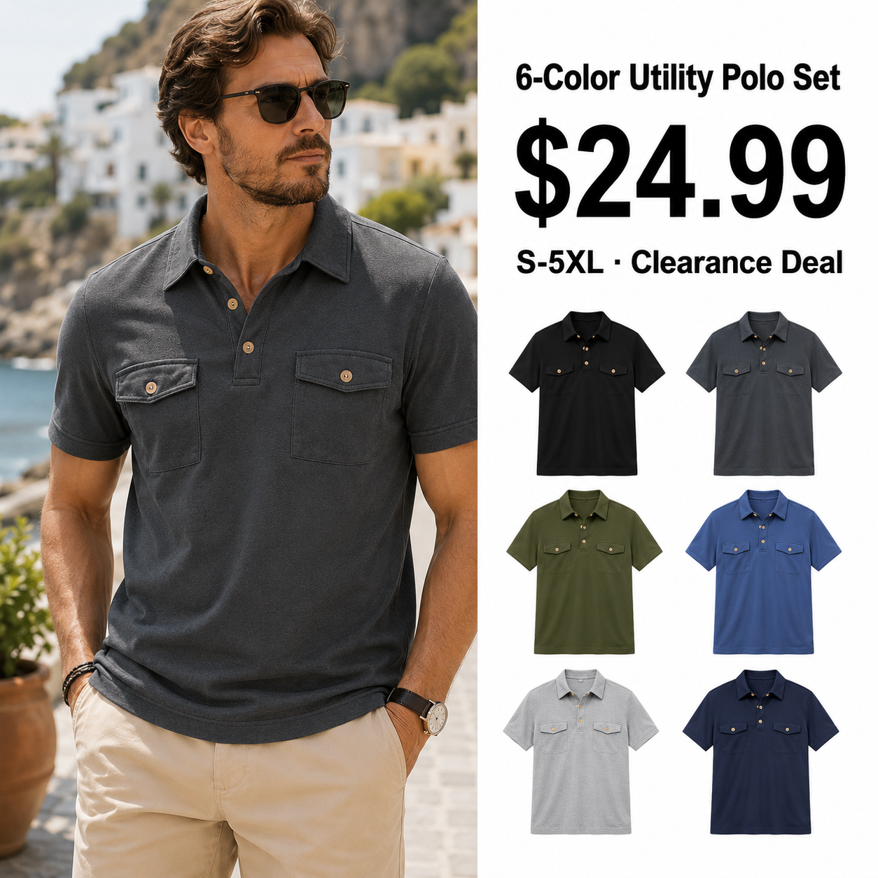 Men's Short Sleeve Utility Polo Shirts 6-Pack Mixed Color Set