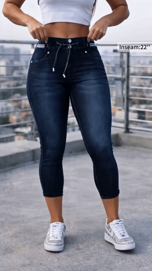 ️Washed, Contrast-Trimmed, Double-Button, Drawstring, Mid-Rise Cropped Jeans
