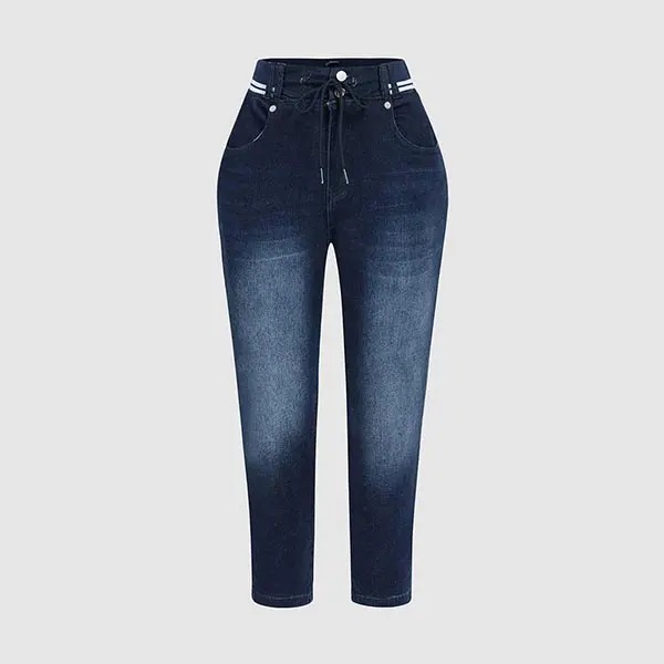 ️Washed, Contrast-Trimmed, Double-Button, Drawstring, Mid-Rise Cropped Jeans