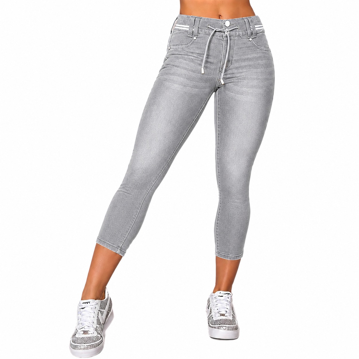 ️Washed, Contrast-Trimmed, Double-Button, Drawstring, Mid-Rise Cropped Jeans
