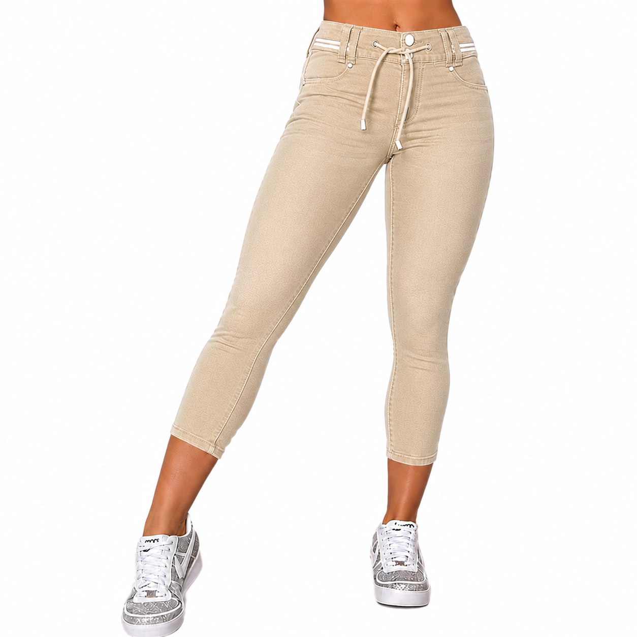 ️Washed, Contrast-Trimmed, Double-Button, Drawstring, Mid-Rise Cropped Jeans