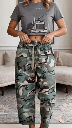 LAST 2 DAYS - Camo Drawstring High Waist Barrel Leg Pants