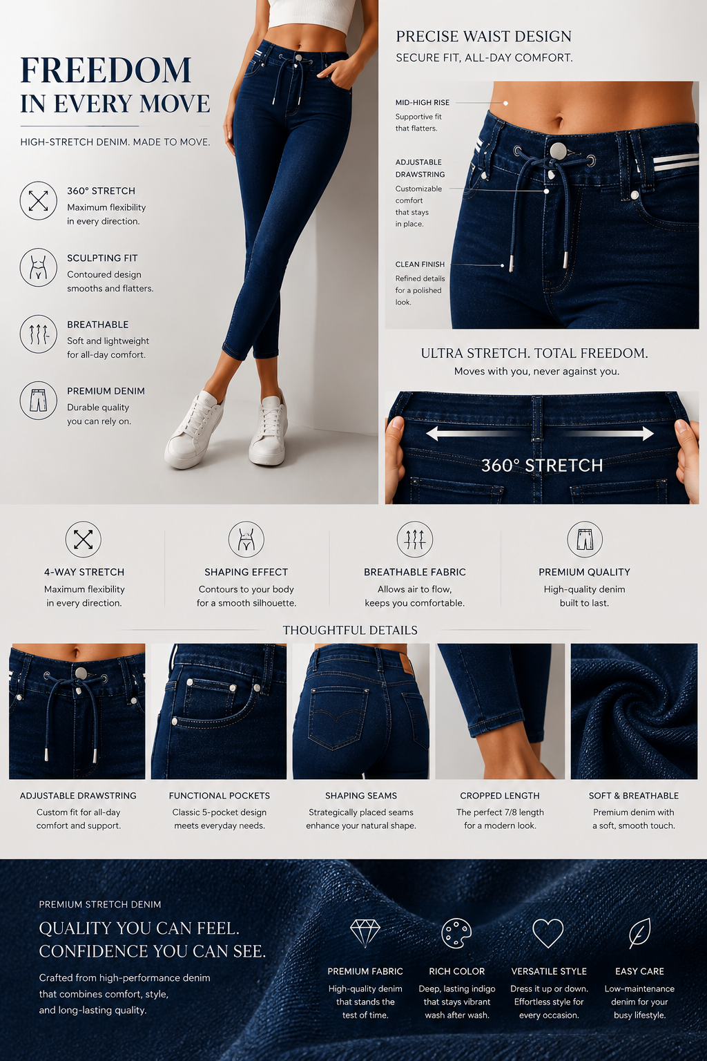 ️Washed, Contrast-Trimmed, Double-Button, Drawstring, Mid-Rise Cropped Jeans
