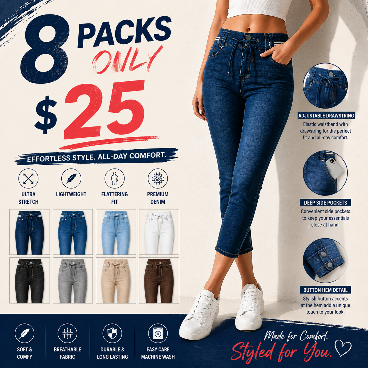 ️Washed, Contrast-Trimmed, Double-Button, Drawstring, Mid-Rise Cropped Jeans