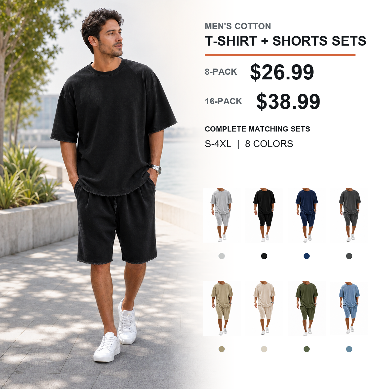Men's Cotton T-Shirt & Shorts Sets | 8-Pack & 16