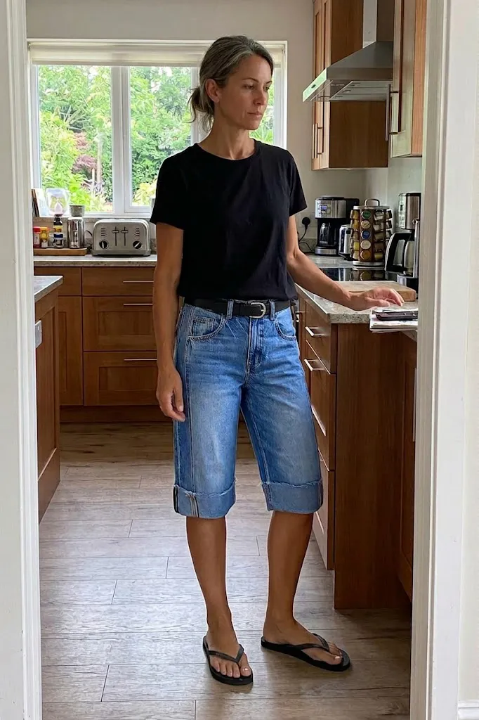 Seam Front Roll Raw Hem Mid Rise Denim Bermuda Shorts