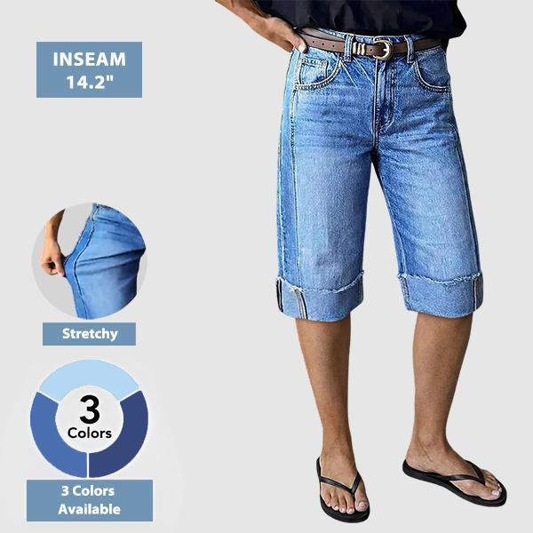 Seam Front Roll Raw Hem Mid Rise Denim Bermuda Shorts