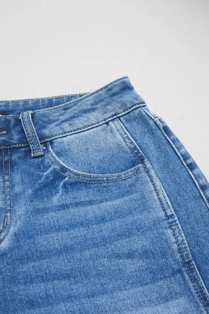 Seam Front Roll Raw Hem Mid Rise Denim Bermuda Shorts