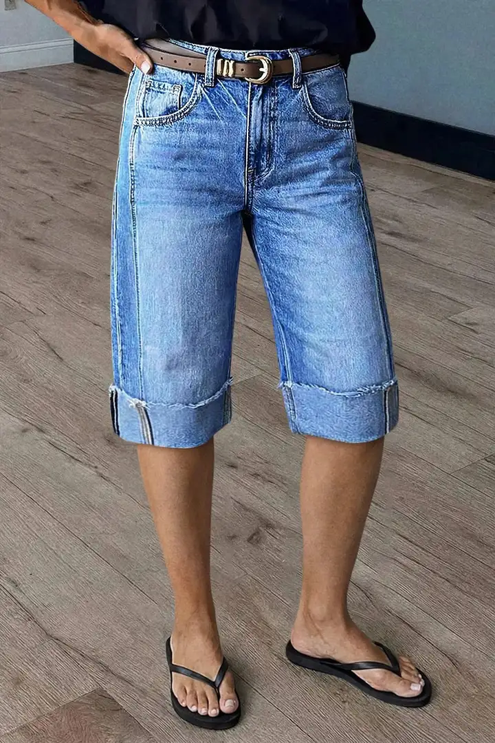 Seam Front Roll Raw Hem Mid Rise Denim Bermuda Shorts