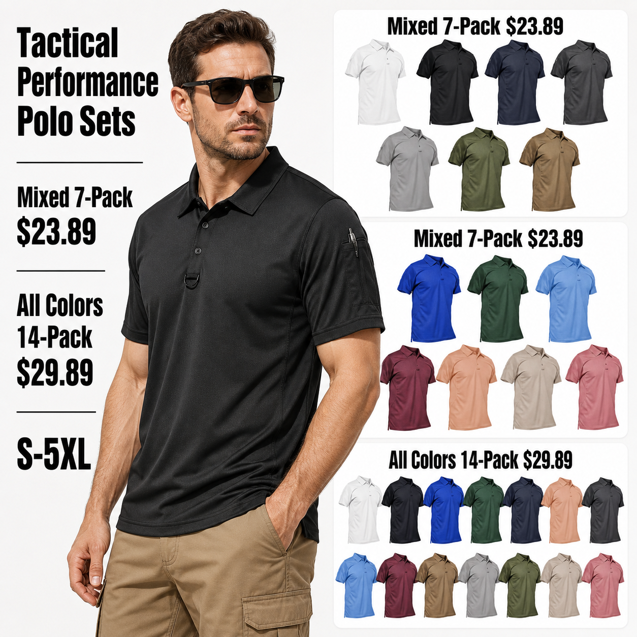 Men's Quick-Dry Tactical Performance Polo Shirts 7-Pack & 14-Pack Set