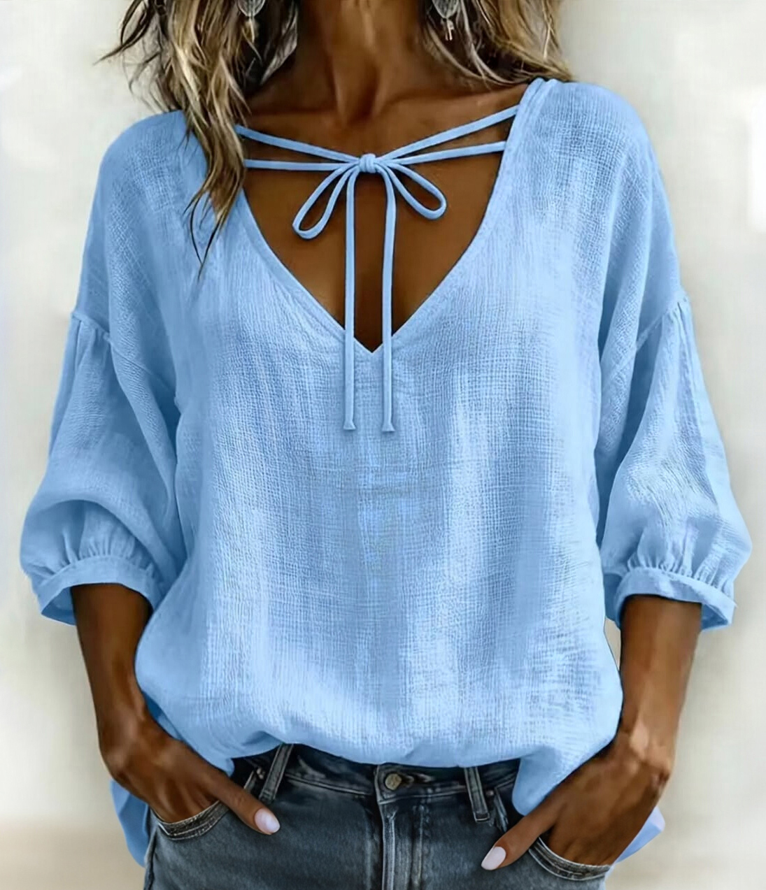Women Casual V-Neck Tie Front Blouse