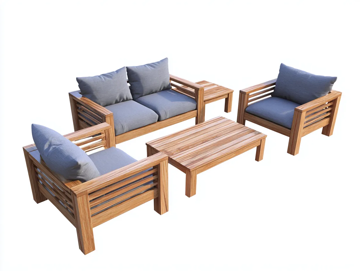 Sofa und Sessel-Set aus Holz 146x82x79 cm - Natur und Graublau - 5-teilig mit Beistell- und Couchtisch-Vonoispace