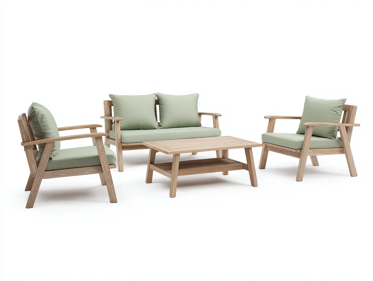 Sofa und Sessel-Set aus Holz 142x78x79 cm - Braun und Salbeigrün - 4-teilig mit breitem Gartentisch-Vonoispace