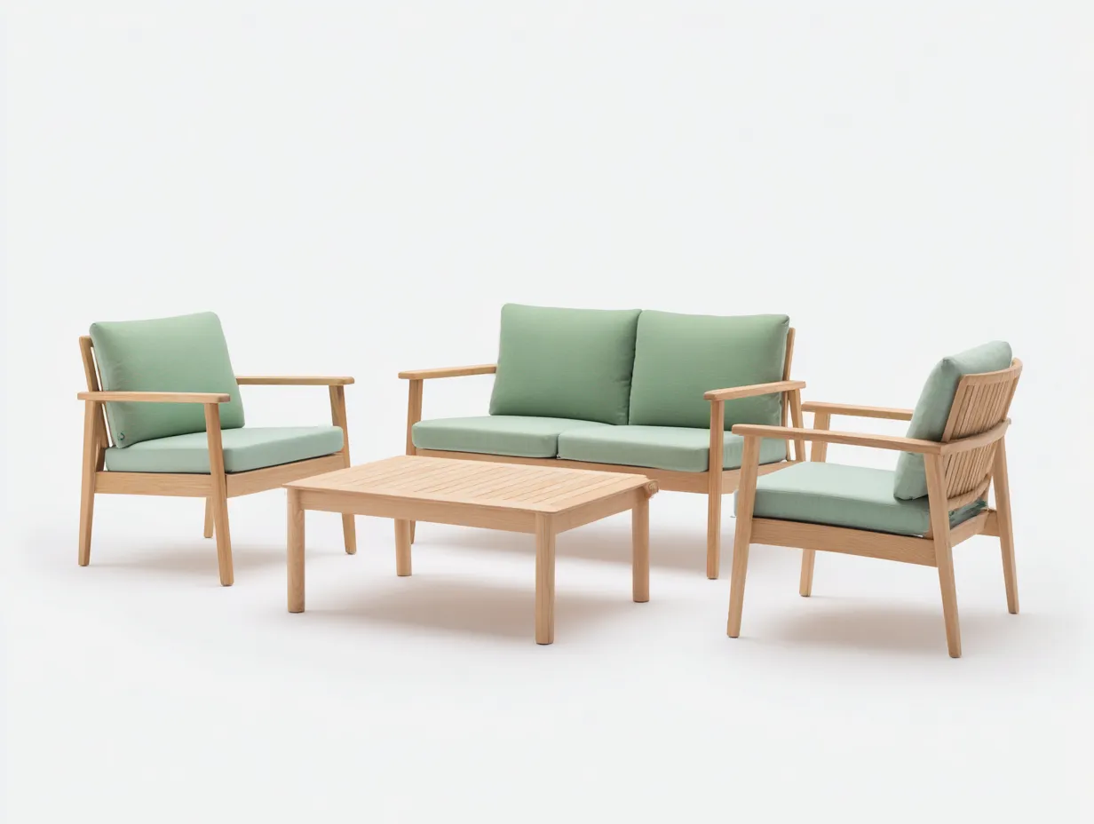 Sofa und Sessel-Set aus Holz 140x77x82 cm - Hellbraun und Mintgrün - 4-teilig für Terrasse und Garten-Vonoispace