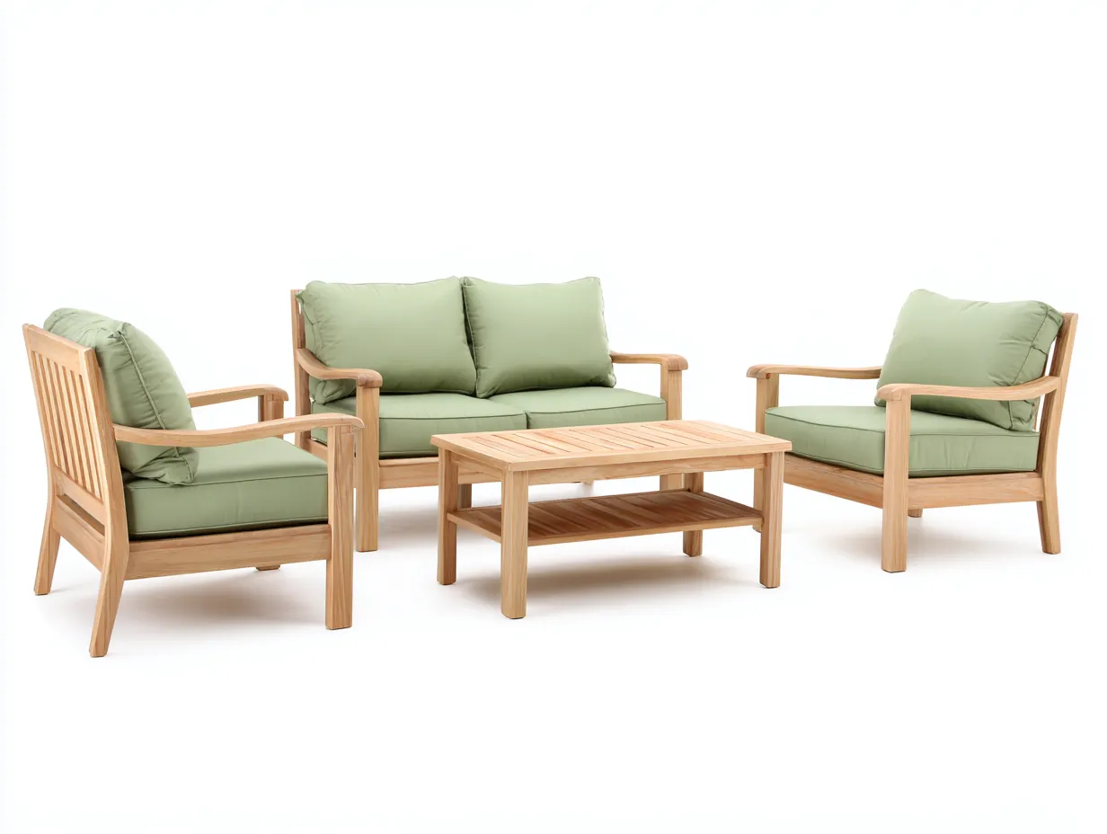 Sofa und Sessel-Set aus Holz 138x76x80 cm - Natur und Salbeigrün - 4-teilig mit Ablagetisch für draußen-Vonoispace