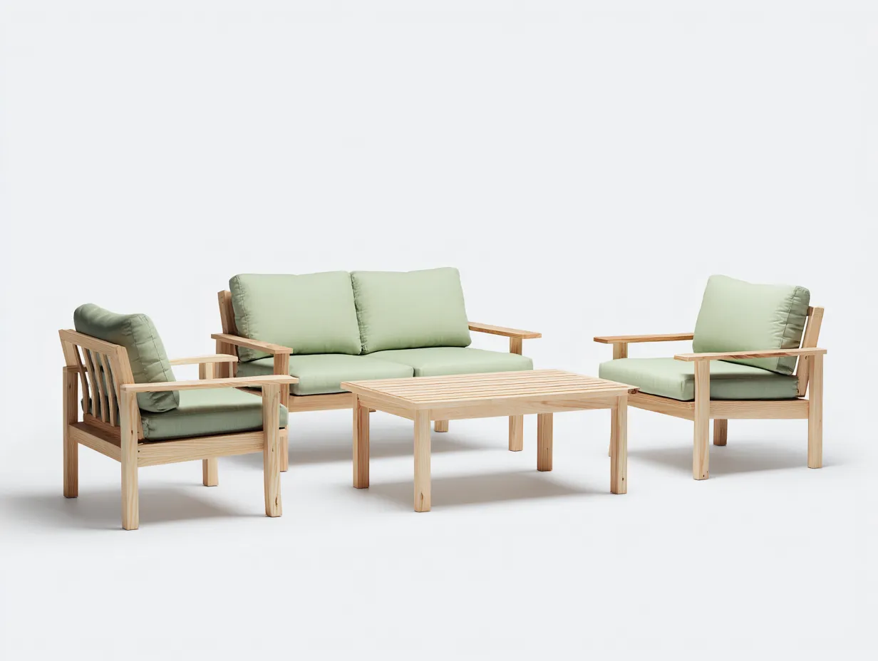 Sofa und Sessel-Set aus Massivholz 145x80x81 cm - Natur und Hellgrün - 4-teilig mit Latten-Couchtisch-Vonoispace