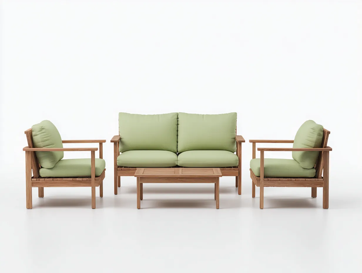 Sofa und Sessel-Set aus Holz 143x79x80 cm - Braun und Hellgrün - 4-teilig mit kompaktem Tisch-Vonoispace