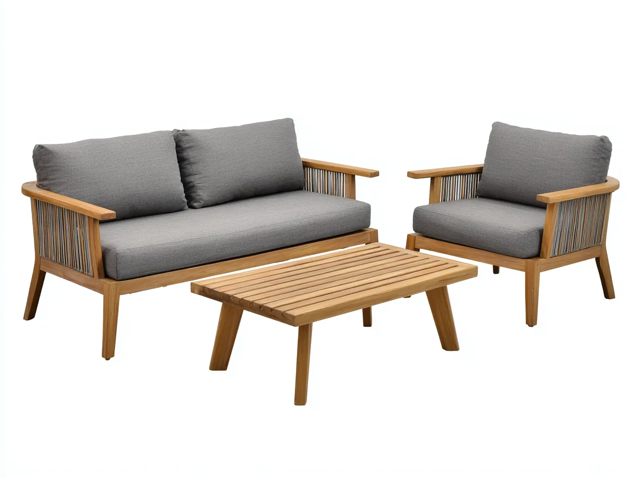 Sofa und Sessel-Set aus Holz 148x81x78 cm - Natur und Grau - 4-teilig mit Seilbespannung und Latten-Tisch-Vonoispace
