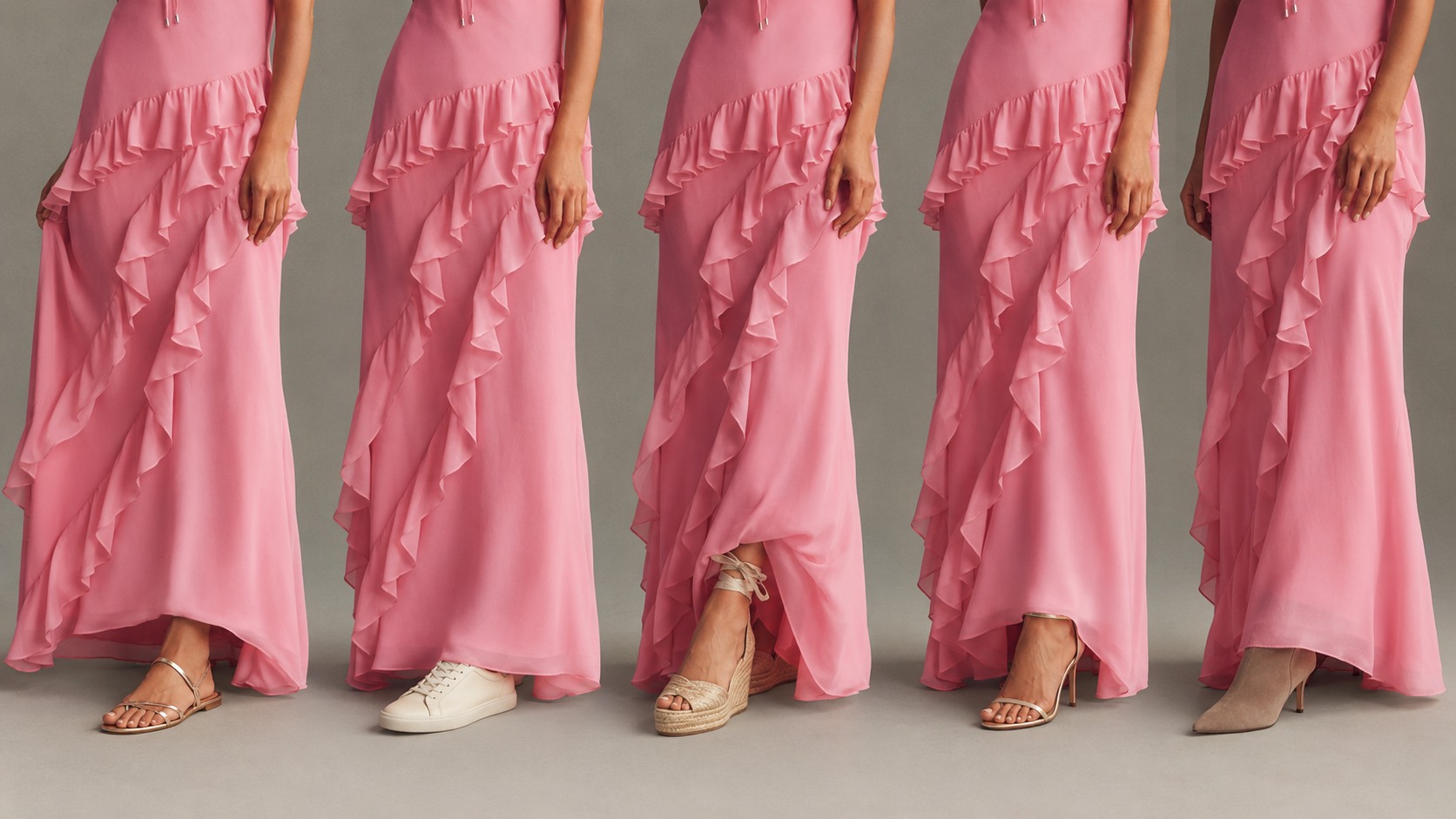 five shoe styles paired with a maxi dress hemline