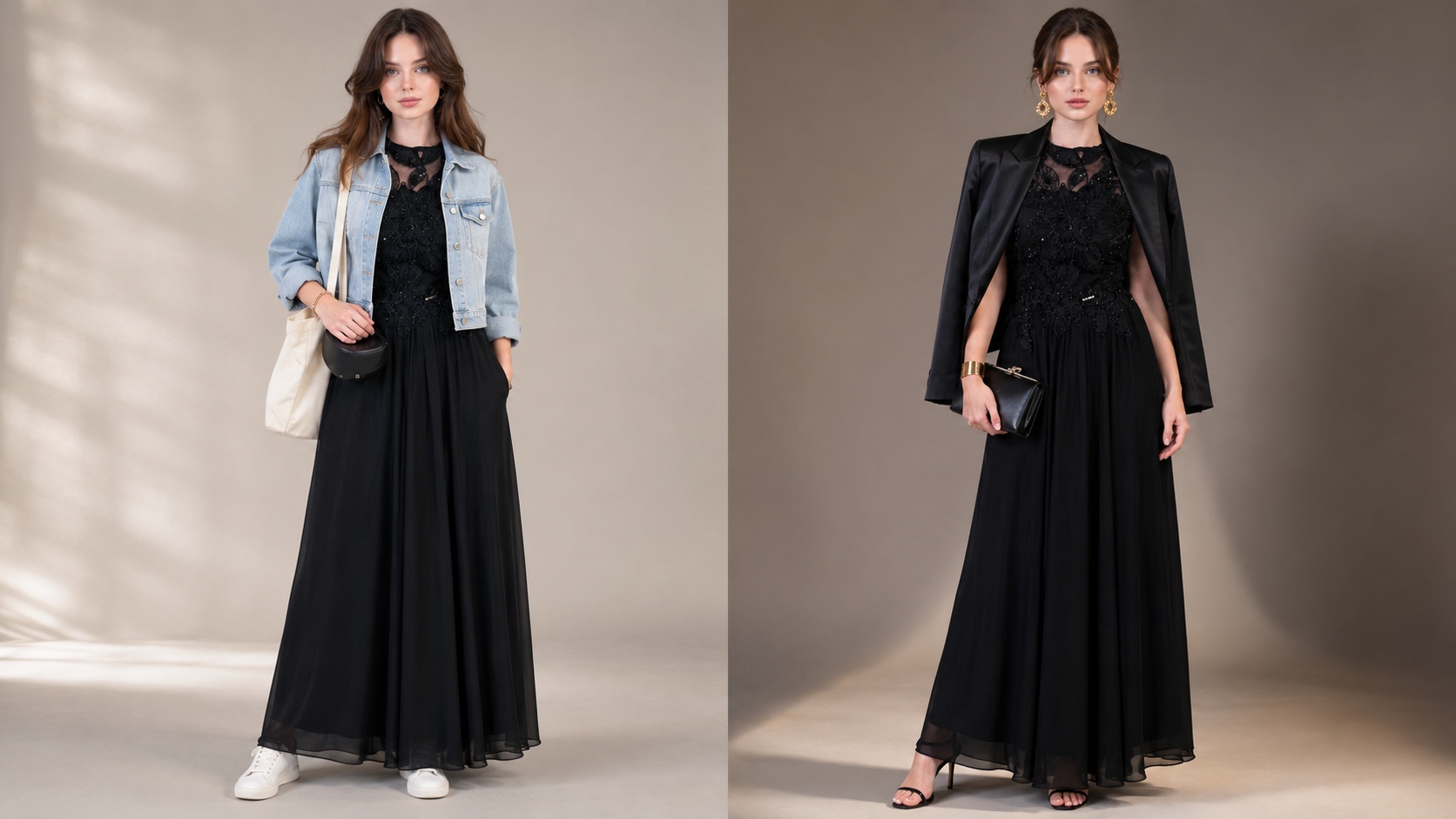 same maxi dress styled casual on the left and formal on the right