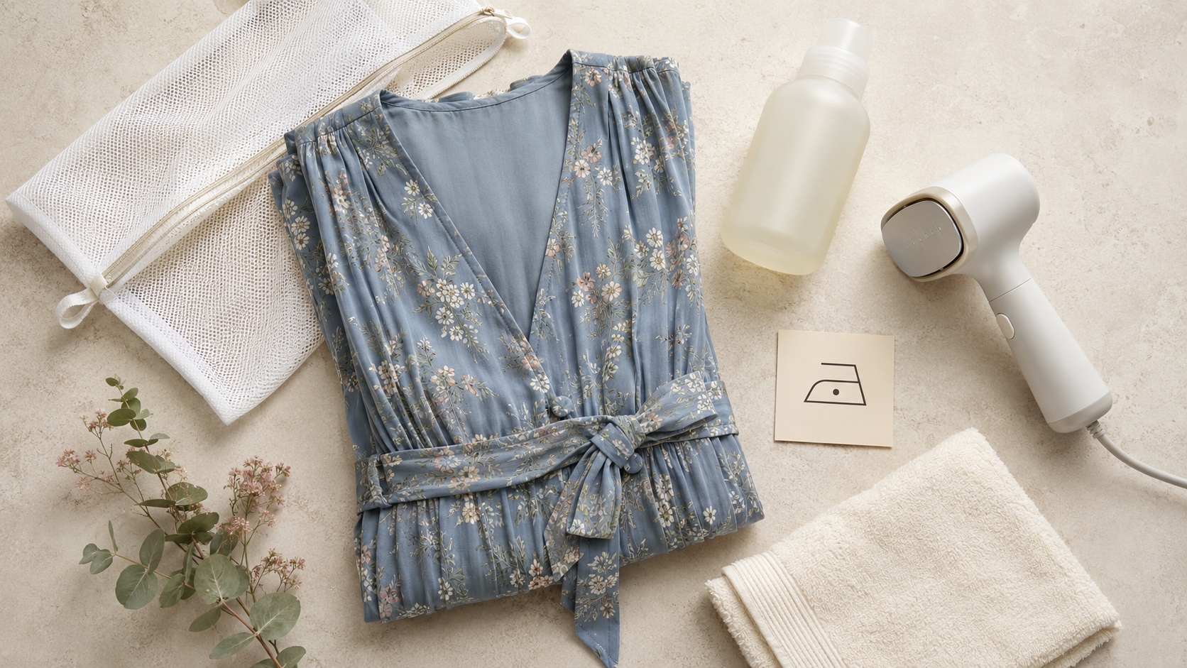 maxi dress laid flat with gentle laundry care essentials