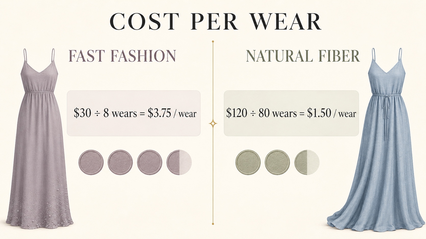 cost-per-wear comparison of a natural-fiber dress versus fast fashion