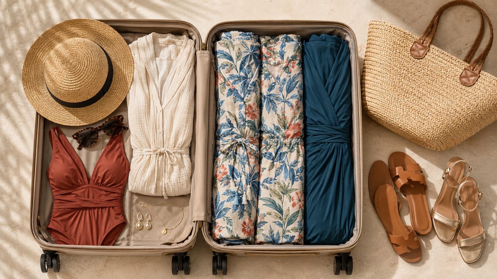beach vacation capsule wardrobe packed in a carry-on suitcase