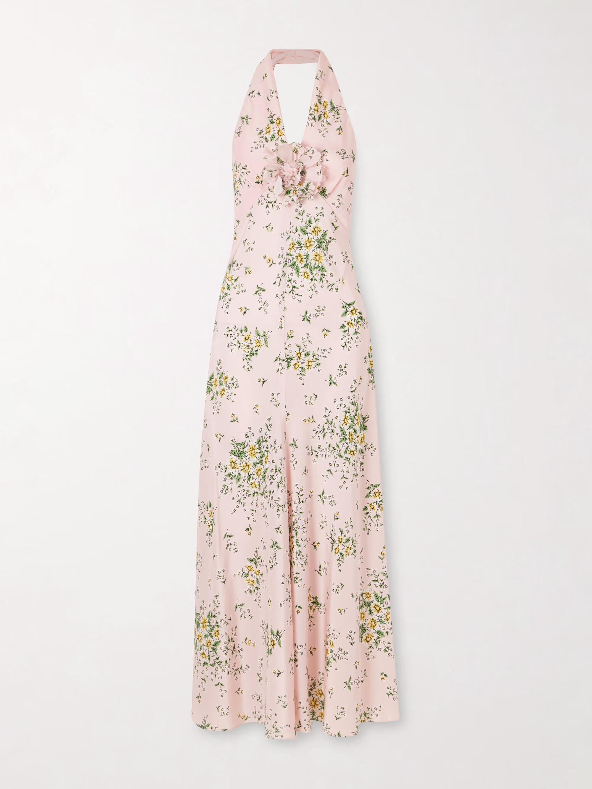 Chiffon V Neck Halter Backless Ruched Waist Floral Split Maxi Dress