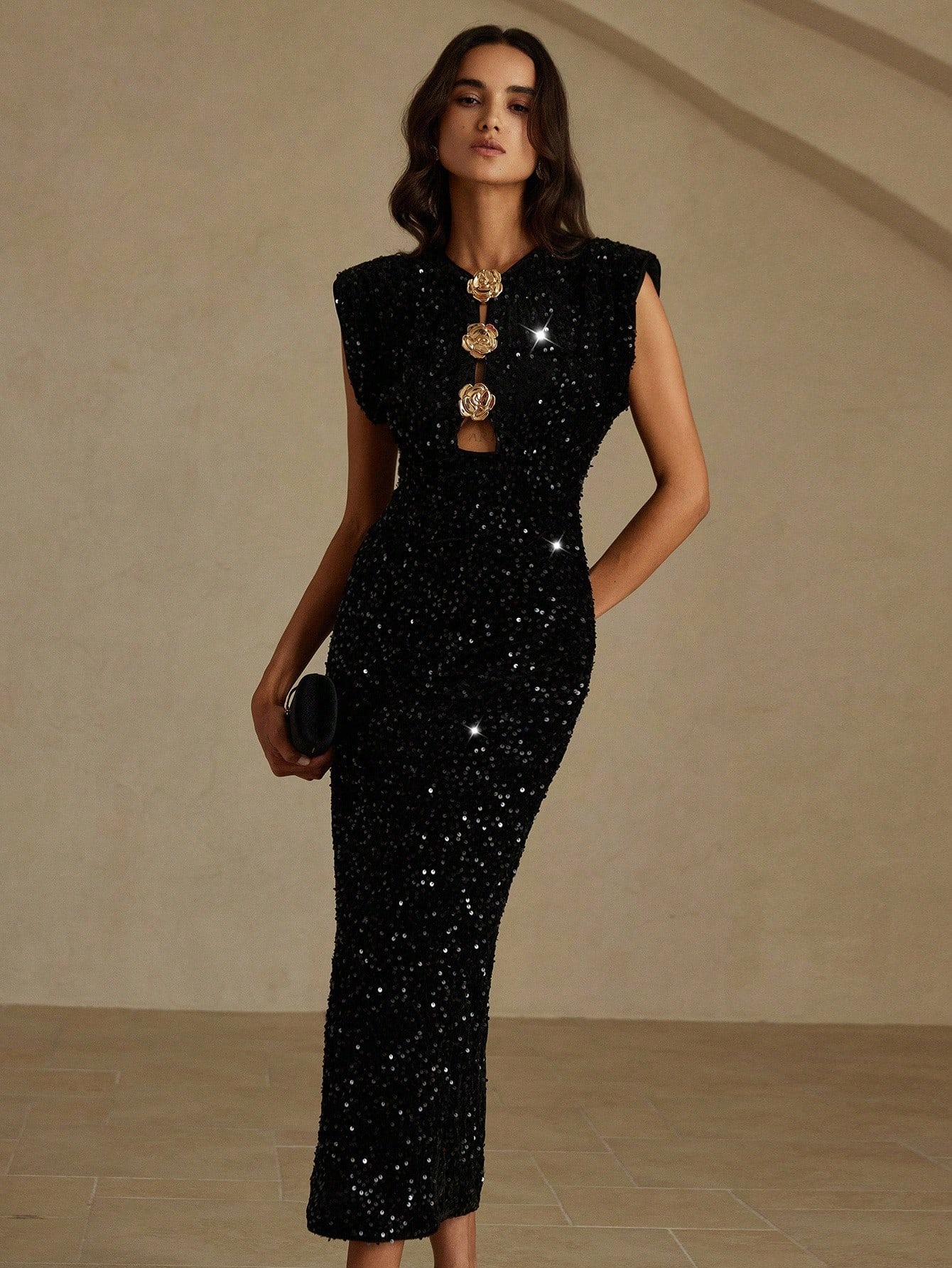 Black Sequin Midi Dress With Rose Hardware