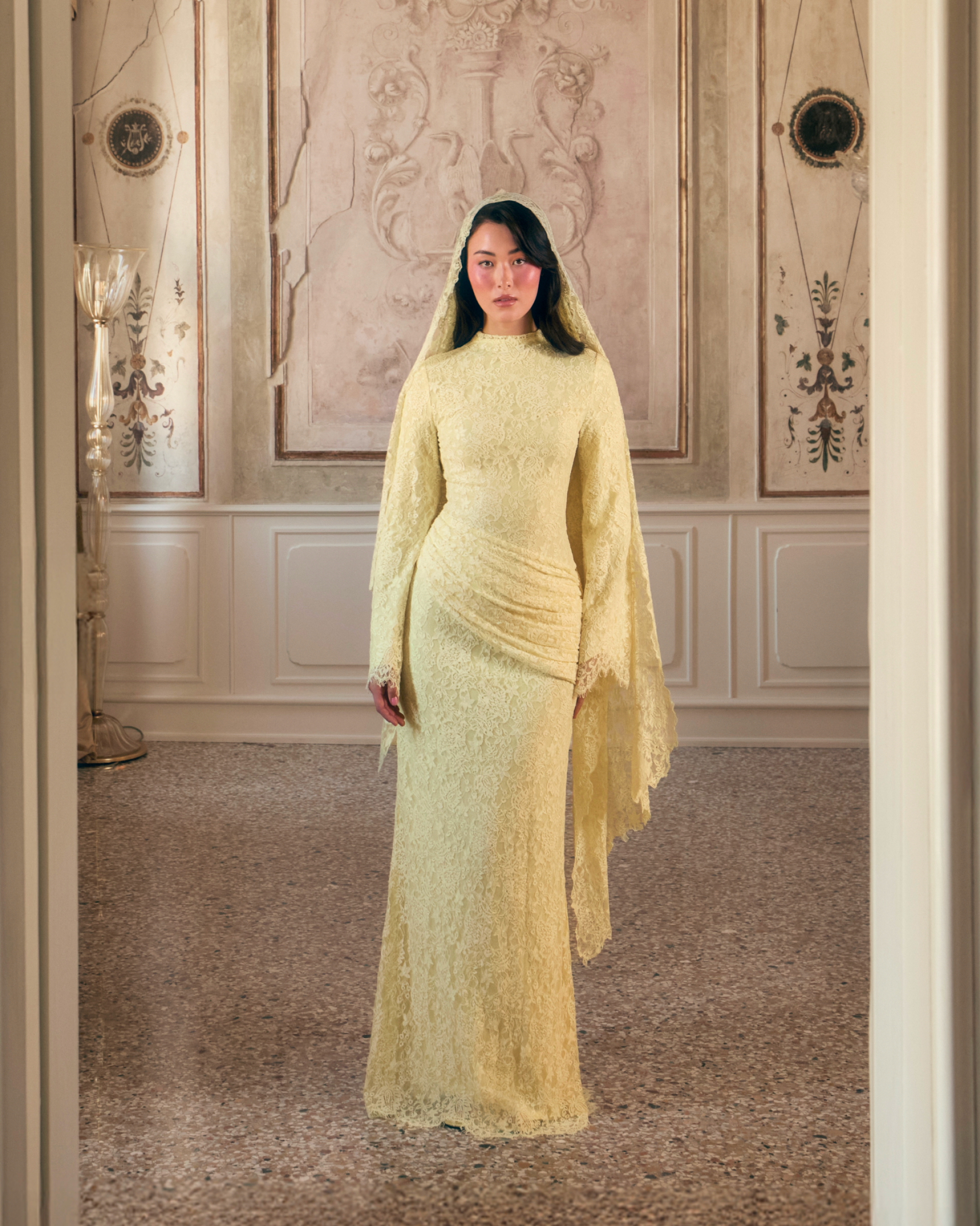 Pastel Yellow Lace Cape Maxi Gown