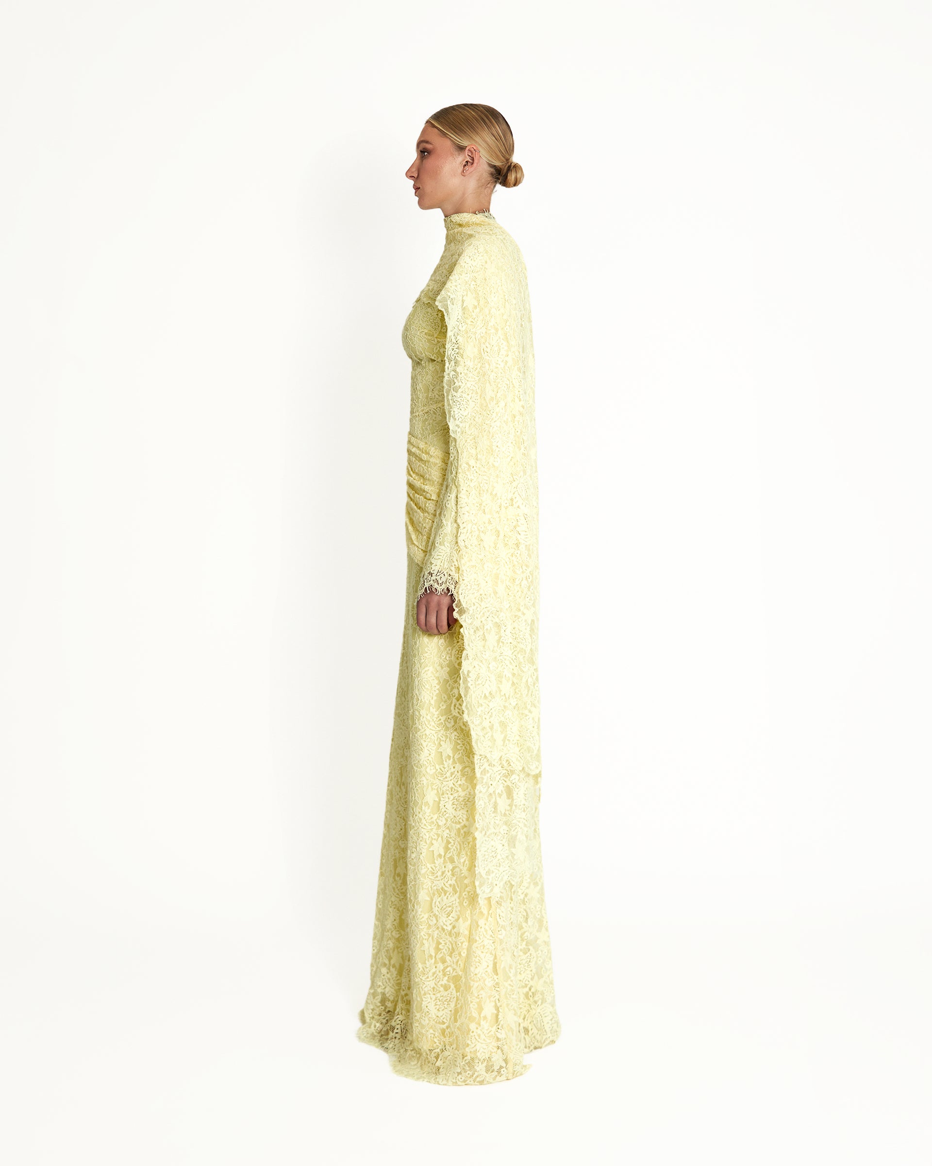 Pastel Yellow Lace Cape Maxi Gown