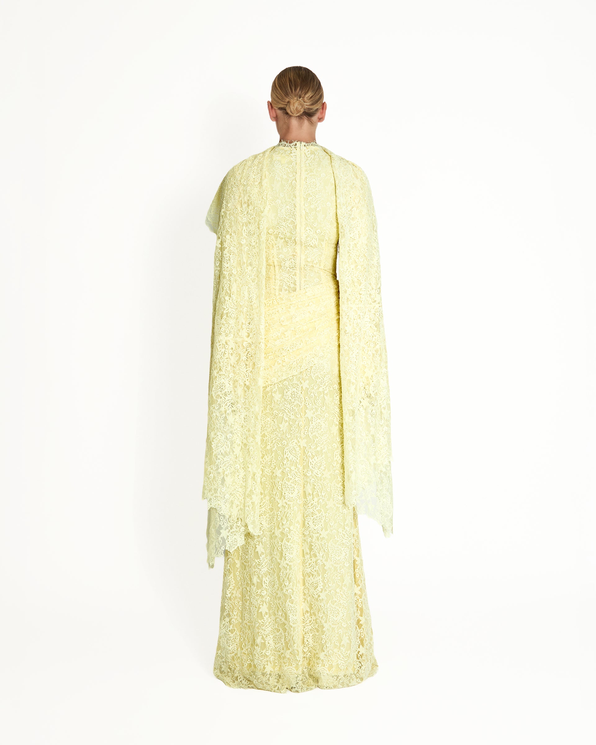 Pastel Yellow Lace Cape Maxi Gown