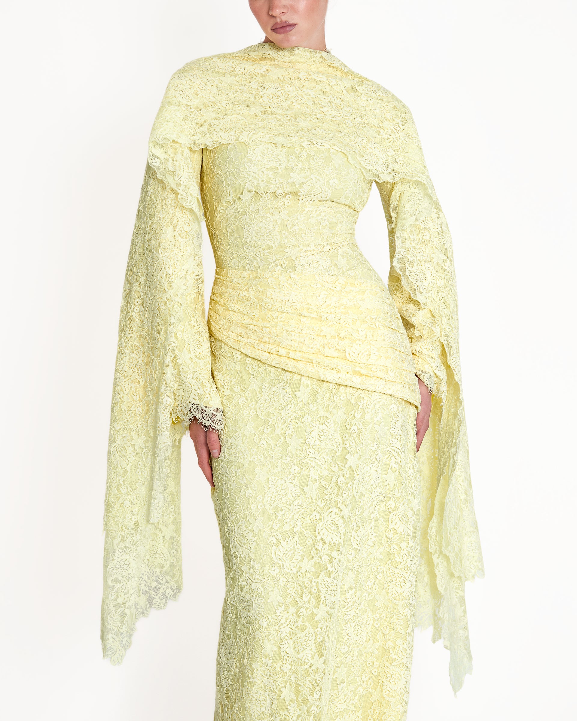 Pastel Yellow Lace Cape Maxi Gown